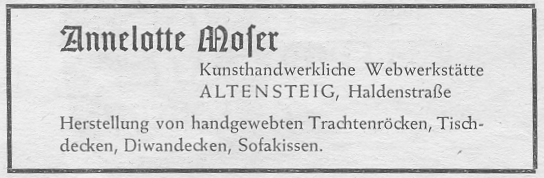Zeitungsanzeige von Annelotte Moser 1950